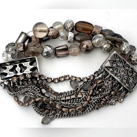 Multi-strand chains, rhinestones, brown and neutral-toned beads bracelet. - Picture 6 of 7